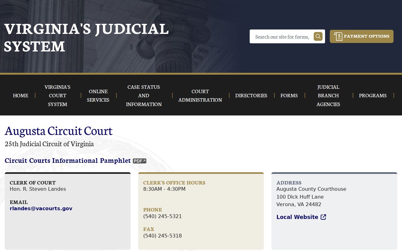 Augusta County warrant records court contact, Circuit Court page