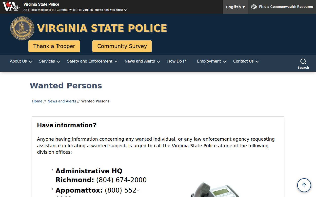 Augusta County most-wanted warrant reference from Virginia State Police
